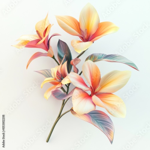 tropical flower branch, separated from each other, white background