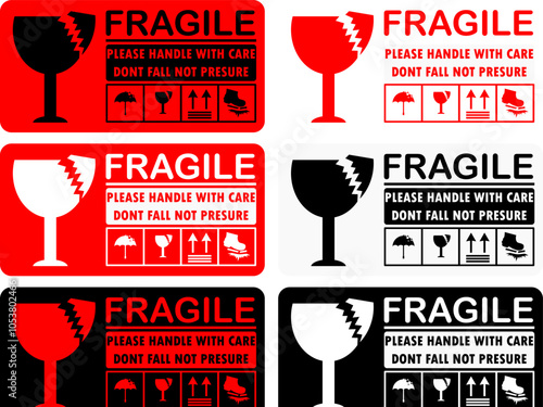 sticker fragile handle with care, colored fragile warning label with broken glass symbol, this side up sign