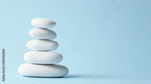 Stack of white sea pebbles on a light blue background