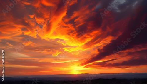 Dramatic orange and red sunset sky with dark clouds, inspirational evening