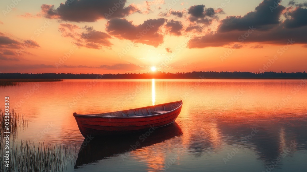 Sunrise Over The Lake Boat Floating On The Calm Water Under Amazing Sunset Sunrise Over The Lake Boat Floating On The Calm Water Under Amazing Sunset
