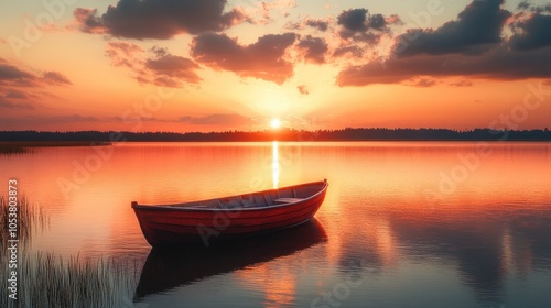 Sunrise Over The Lake Boat Floating On The Calm Water Under Amazing Sunset