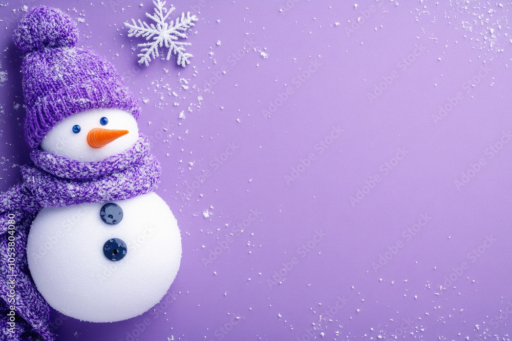 Obraz premium A snowman with a purple hat and scarf is standing on a purple background. The snowman is a cute
