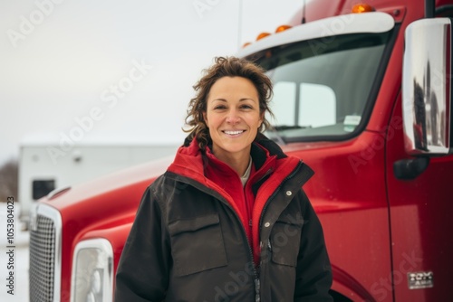 Portrait of a middle aged Caucasian female trucker outside the truck during winter photo