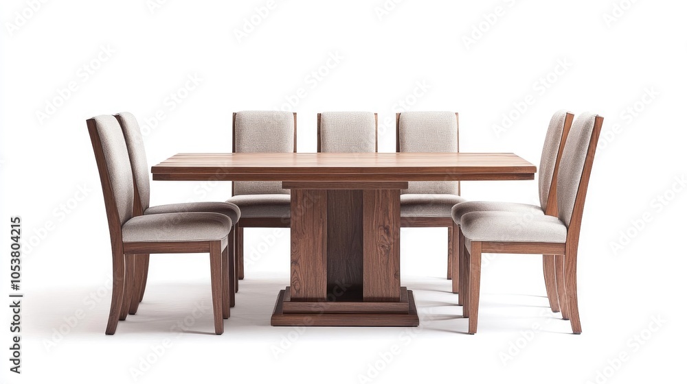 A wooden dining table accompanied by fabric covered chairs is set against a white backdrop A wooden dining table accompanied by fabric covered chairs is set against a white backdrop