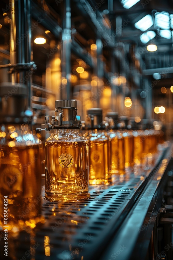 Bottles of Alcoholic Beverage on a Conveyor Belt in a Factory Bottles of Alcoholic Beverage on a Conveyor Belt in a Factory