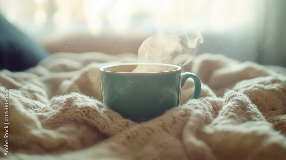 Cozy Morning Atmosphere A Steaming Mug Nestled in a Soft Blanket Cozy Morning Atmosphere A Steaming Mug Nestled in a Soft Blanket