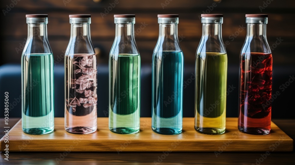 A display of colorful liquids in glass bottles, showcasing vibrant hues of green, pink, blue, yellow, and red, arranged on a wooden surface. A display of colorful liquids in glass bottles, showcasing vibrant hues of green, pink, blue, yellow, and red, arranged on a wooden surface.
