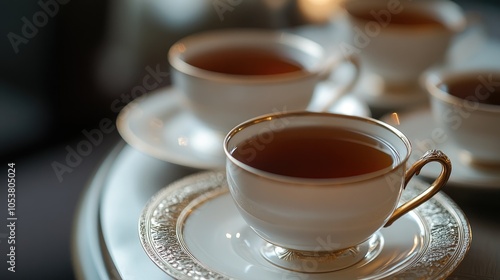 Cups of tea served on a salver on a morning table
