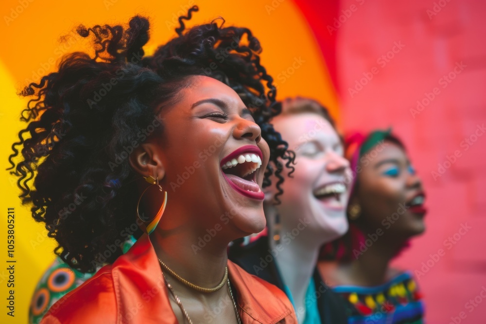 Fototapeta premium Vibrant group of diverse women laughing together against colorful background