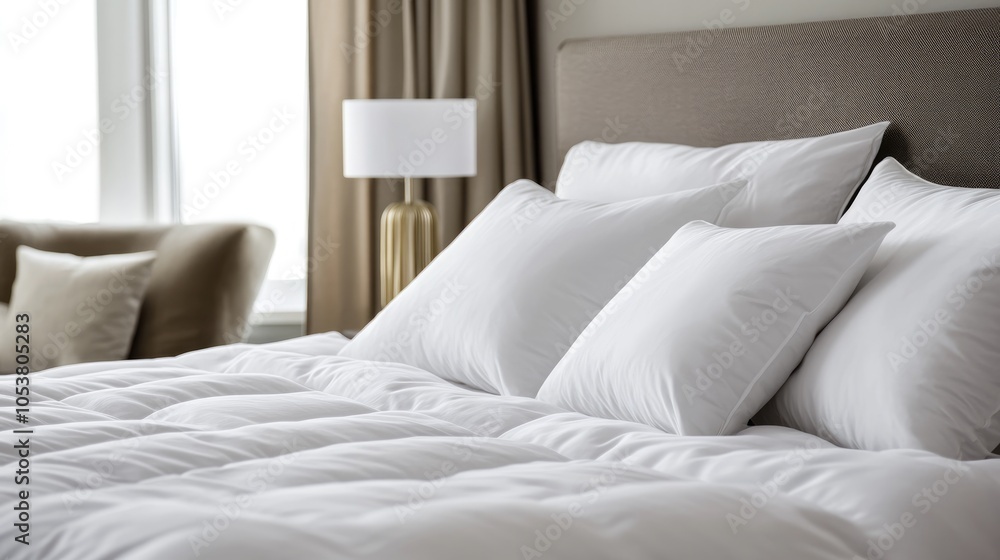 Obraz premium Soft white pillows on a stylish bed enhance the cozy and inviting ambiance of a contemporary bedroom
