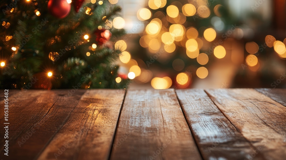 Rustic wooden table with a Christmas tree and a blurred bokeh effect in the background Rustic wooden table with a Christmas tree and a blurred bokeh effect in the background