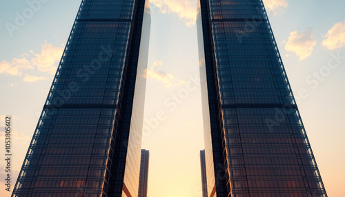 Majestic skyscrapers against a vibrant sunset sky, urban architecture