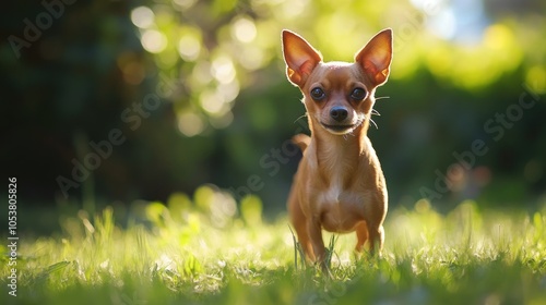 Toy Terrier dog relieving itself in the yard photo