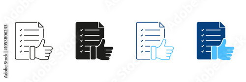 Check, Approve Agreement Line and Silhouette Icon Set. Thumb Up And Paper Document Pictogram. Confirmation, Customer Feedback Symbol. Editable Stroke. Isolated Vector Illustration