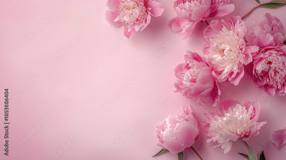 Lovely arrangement of pink peony flowers on a soft pink surface for a festive celebration Flat lay composition Lovely arrangement of pink peony flowers on a soft pink surface for a festive celebration Flat lay composition