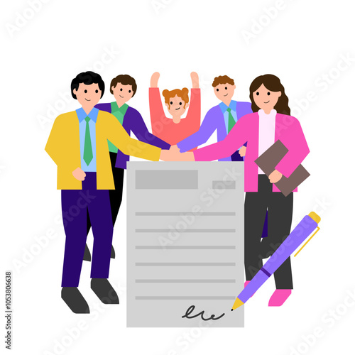 Collective agreement, few happy people agrees between themselves and a signed contract in the middle of the group. Vector simple color flat illustration.