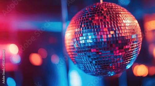 Retro nostalgia concept featuring a disco ball with selective focus and ample copy space in the background