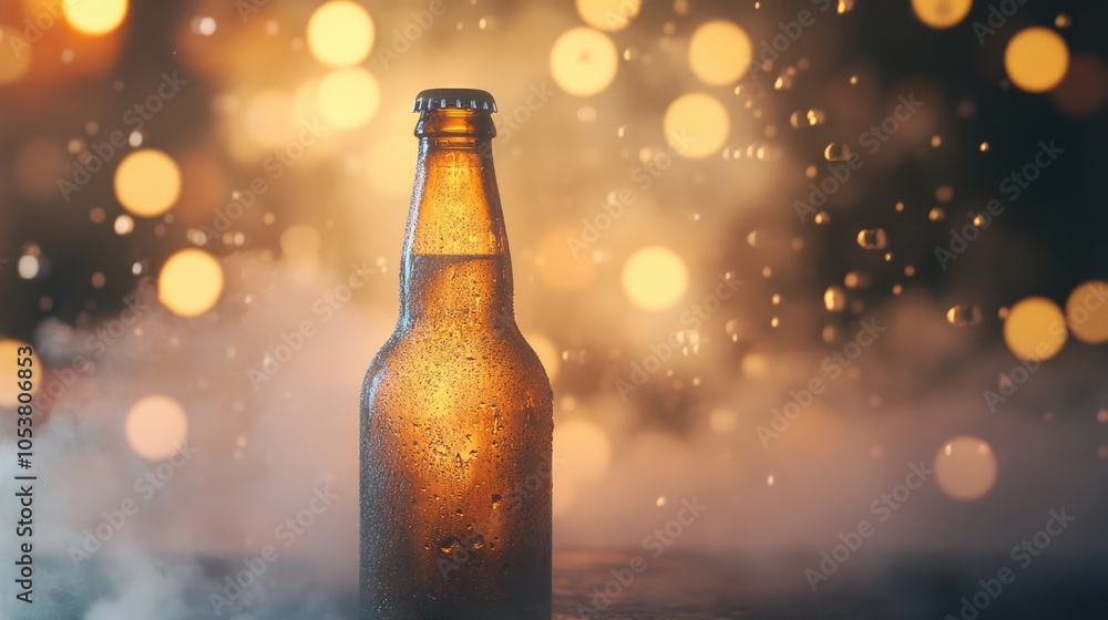 Abstract image featuring a chilled bottle of beer partially obscured by fog against a backdrop of soft blurred lights Abstract image featuring a chilled bottle of beer partially obscured by fog against a backdrop of soft blurred lights