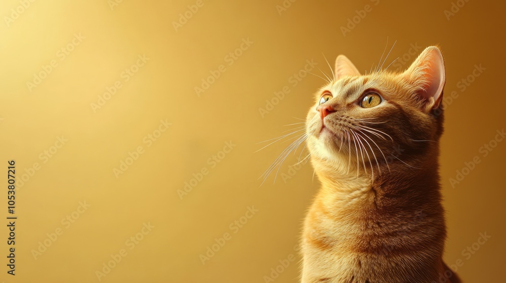 Astonished ginger cat gazes intensely against a backdrop with ample copy space ideal for advertising banners Astonished ginger cat gazes intensely against a backdrop with ample copy space ideal for advertising banners