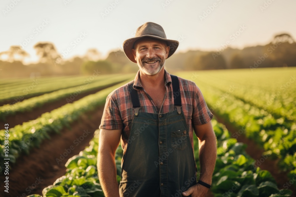 Fototapeta premium Smiling portrait of a middle aged Caucasian male farmer on field