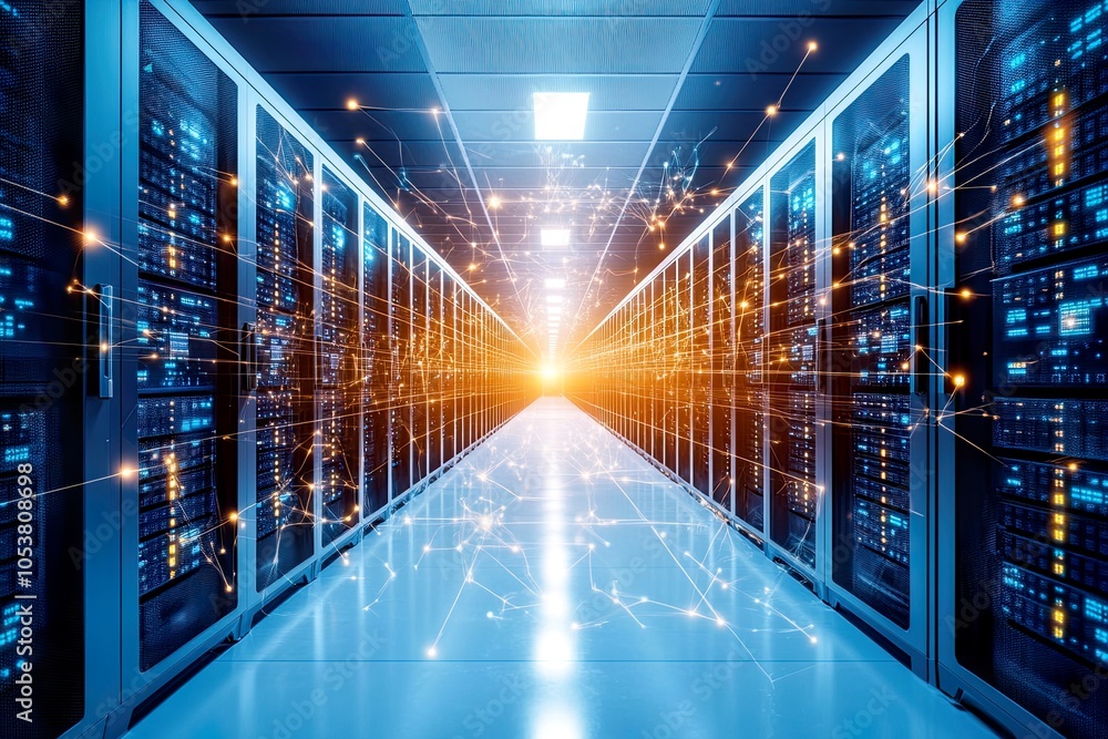 Data center with glowing network connections. Data center with glowing network connections.