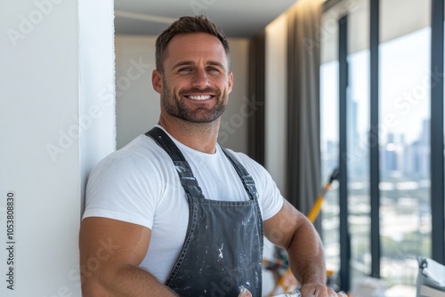 A smiling painter leans on a wall, wearing paint-stained overalls and a white shirt, radiating satisfaction and creativity in an unfinished room. photo