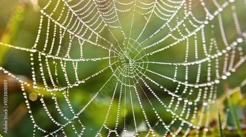 A close-up of a delicate spiders web glistening with morning dew