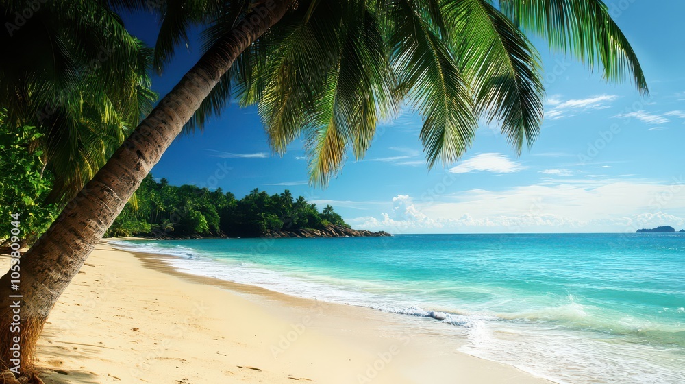 Serene Tropical Beach with Palm Trees and Clear Waters Serene Tropical Beach with Palm Trees and Clear Waters
