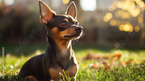 Toy Terrier dog relieving itself in the yard photo