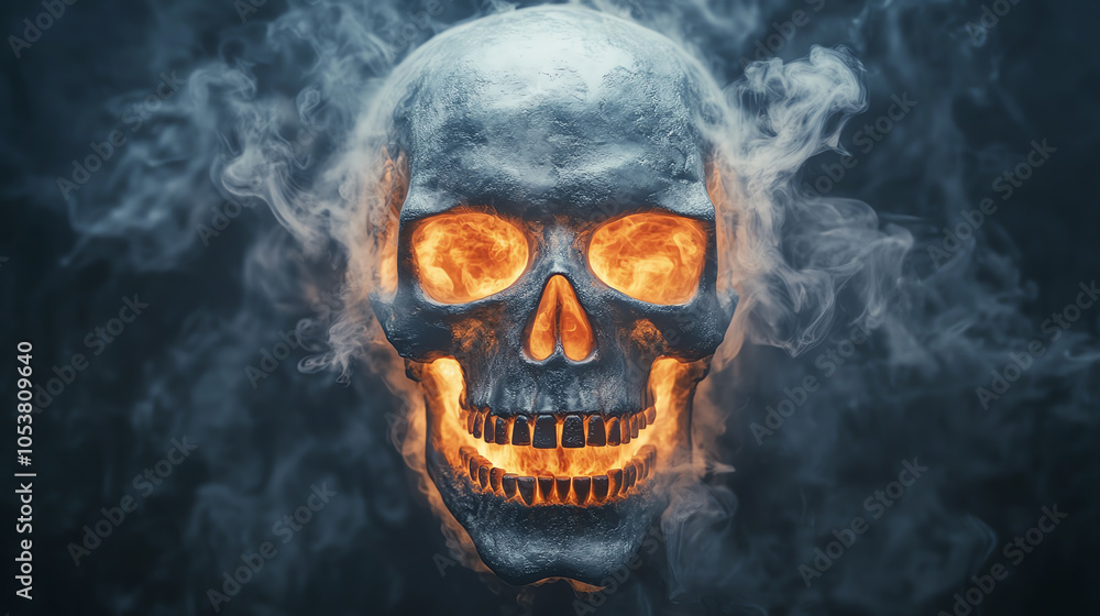 A haunting skull with glowing eyes surrounded by smoke, creating an eerie and mystical atmosphere, ideal for Halloween or spooky themes. A haunting skull with glowing eyes surrounded by smoke, creating an eerie and mystical atmosphere, ideal for Halloween or spooky themes.