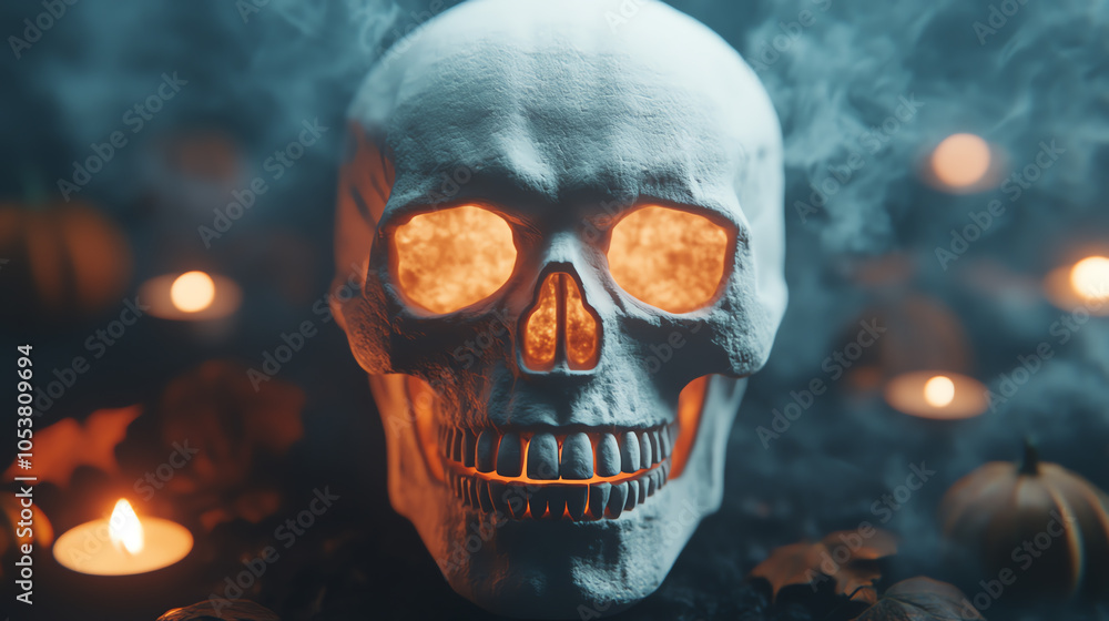A haunting skull surrounded by eerie smoke, illuminated by flickering candlelight and pumpkins, creating a captivating Halloween ambiance. A haunting skull surrounded by eerie smoke, illuminated by flickering candlelight and pumpkins, creating a captivating Halloween ambiance.