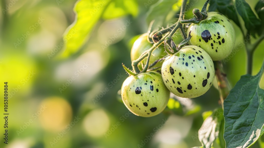 Close up of a green tomato plant exhibiting black spots indicating ...