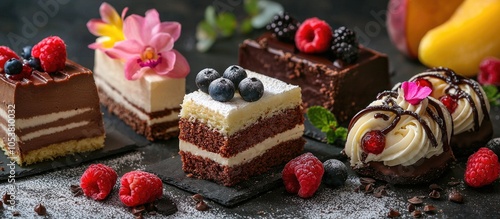 Sweet Cake Selection Desert With Chocolate Fruit And Fresh Flowers