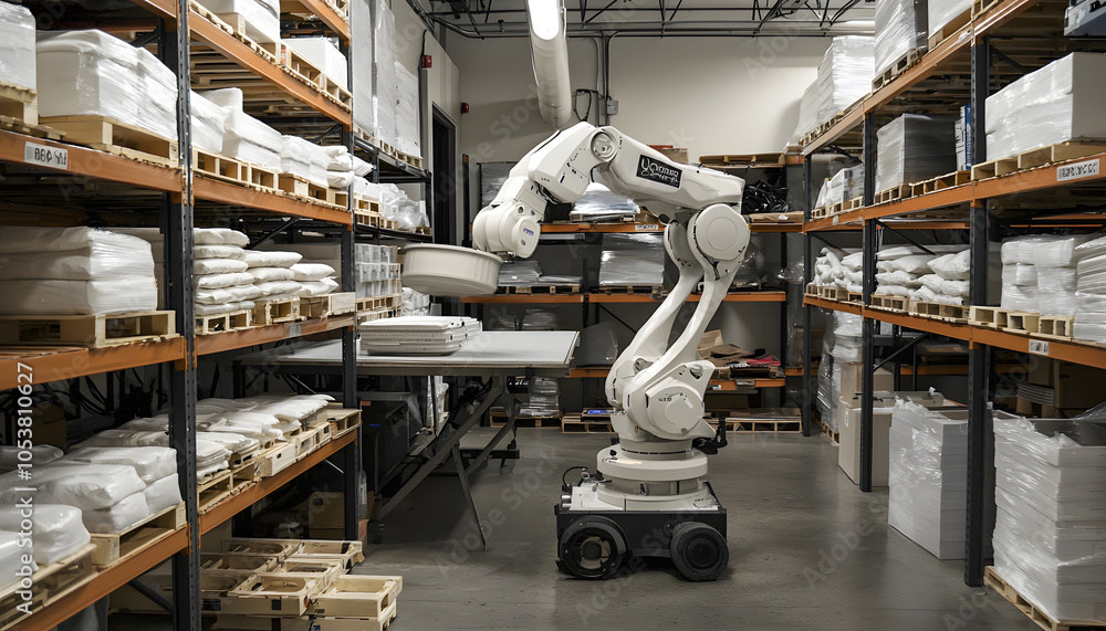 Fototapeta premium A robotic arm operates in a warehouse, surrounded by shelves filled with white products, showcasing automation in inventory management.