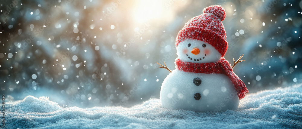 Fototapeta premium A snowman with a red hat and scarf is standing in the snow. The image has a cheerful and festive mood, as it captures the essence of winter and the joy of the holiday season