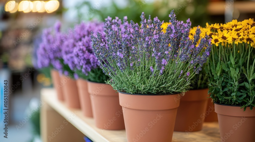 Fototapeta premium Potted lavender flowers displayed in a shop setting showcasing vibrant and fresh blooms for sale