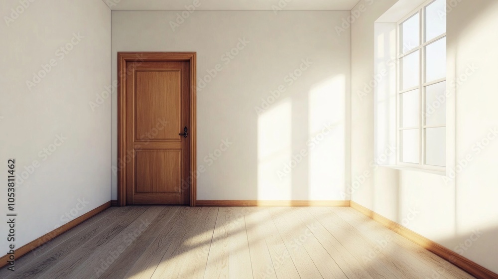 Fototapeta premium Bright and airy room featuring a wooden closet and entrance, with white walls providing an excellent canvas for ads.