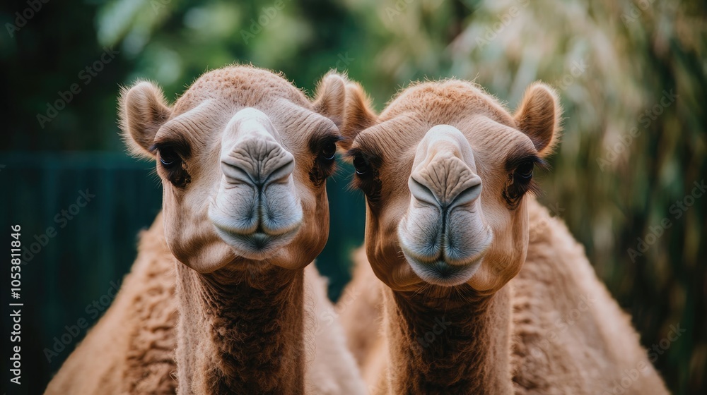 Obraz premium Close up image of two camel heads Animals in captivity Camels observed within a zoo environment