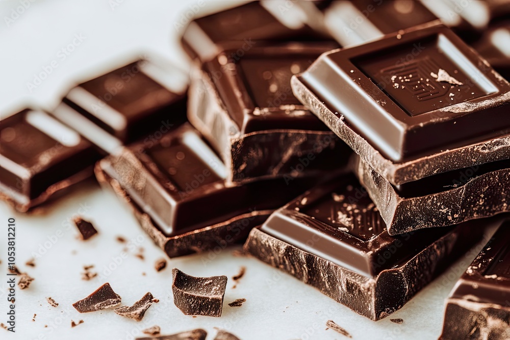 Dark chocolate pieces stacked on a surface. Dark chocolate pieces stacked on a surface.