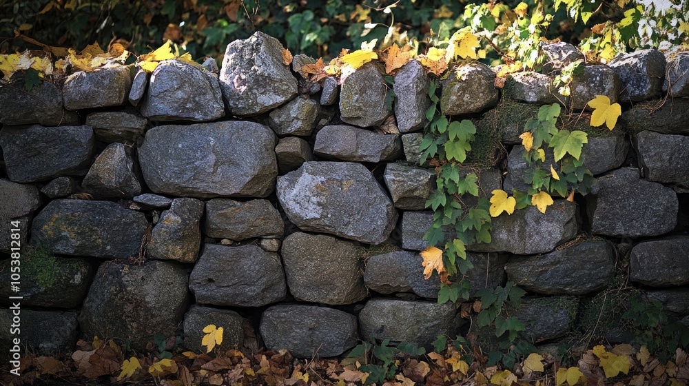 Stone Wall with Vines and Fallen Leaves Stone Wall with Vines and Fallen Leaves