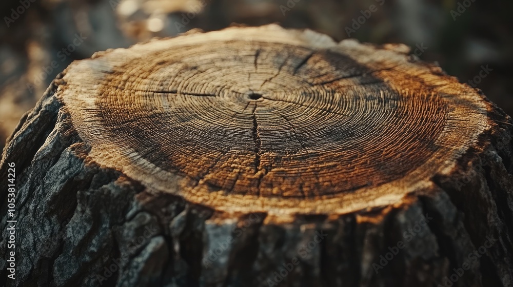 Obraz premium Close up of a tree stump showcasing intricate growth rings and cracks emphasizing the beauty of nature and forestry