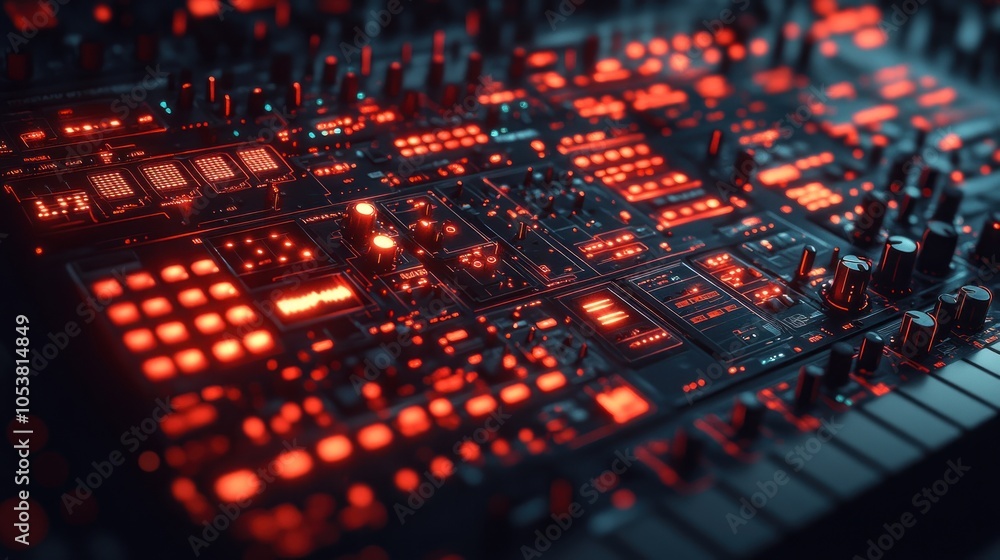 Close-up of a glowing electronic circuit board with buttons. Close-up of a glowing electronic circuit board with buttons.