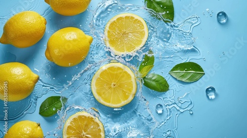 Lemon And Sliced Lemon In Blue Background With Water Wave And Water Drop Top View For Food Advertising