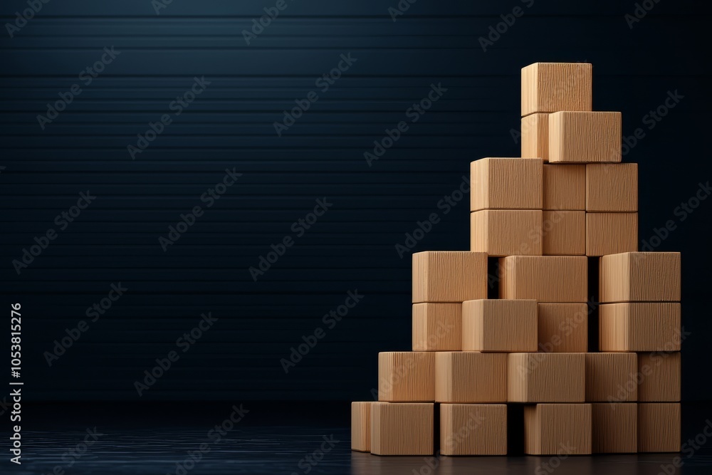 Stack of cardboard boxes arranged neatly on a dark background. Stack of cardboard boxes arranged neatly on a dark background.