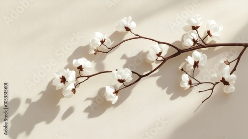 Cotton branch with white flowers isolated on a neutral background casting a shadow