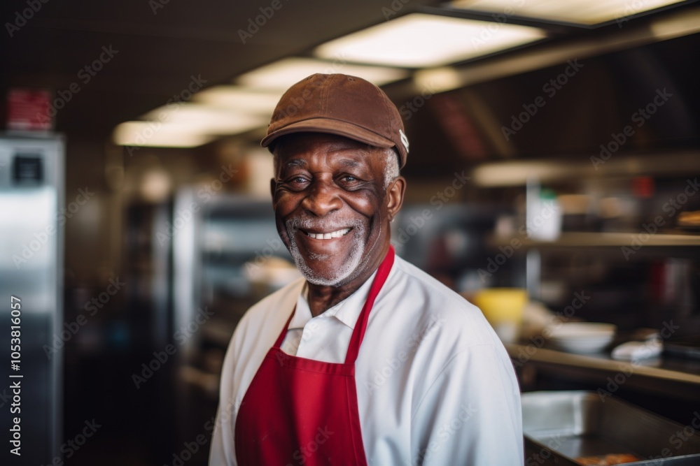 Fototapeta premium Smiling portrait of a senior chef working in kitchen