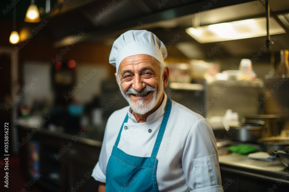 Smiling portrait of a senior chef working in kitchen