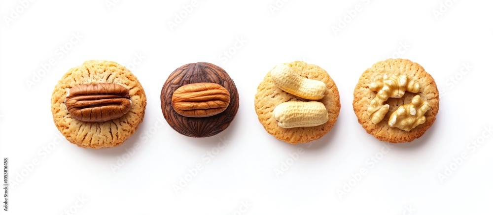 Four Nuts With A Biscuit Over White Background Four Nuts With A Biscuit Over White Background