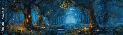 A forbidden forest at night where trees glow with eerie lights